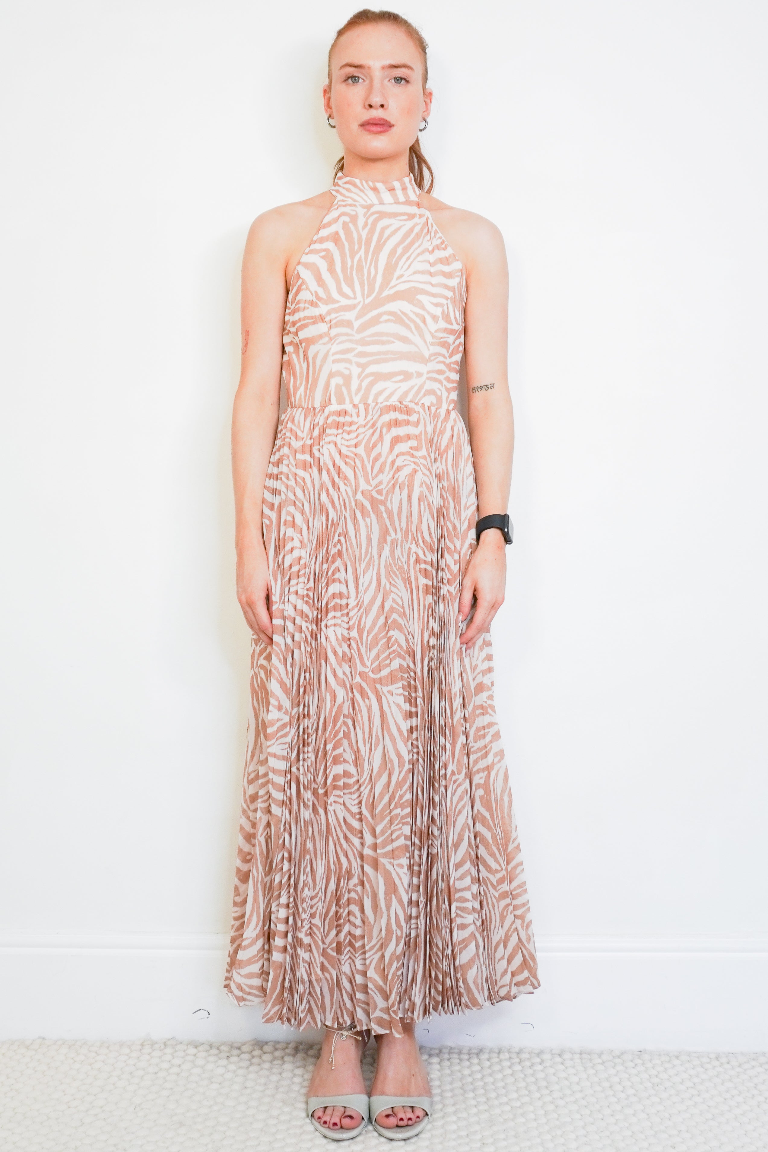 Zimmermann Brown Zebra Print Pleated Halter Maxi Dress front photo chelsea london