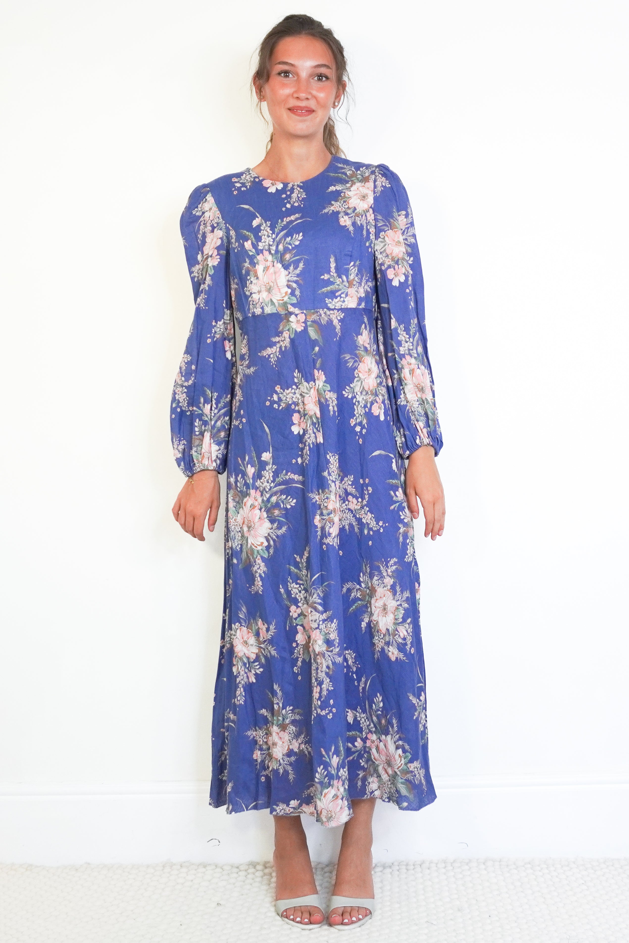 Zimmermann Floral Linen Maxi Dress – Blue / Pink front photo chelsea london