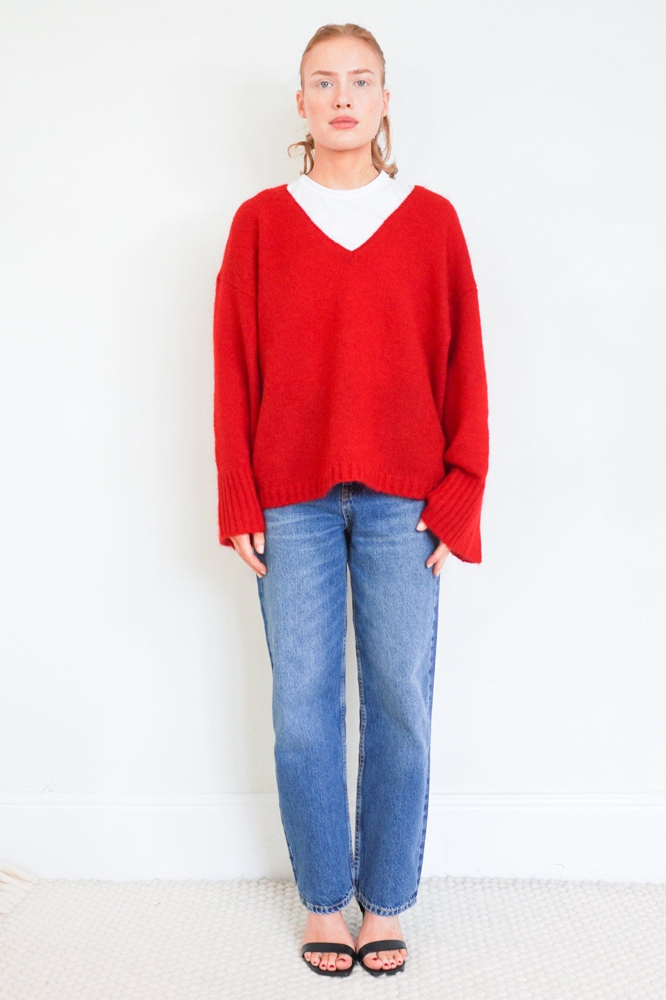 by-malene-birger-red-v-neck-jumper-authentic-preloved-front-picture-Chelsea-london