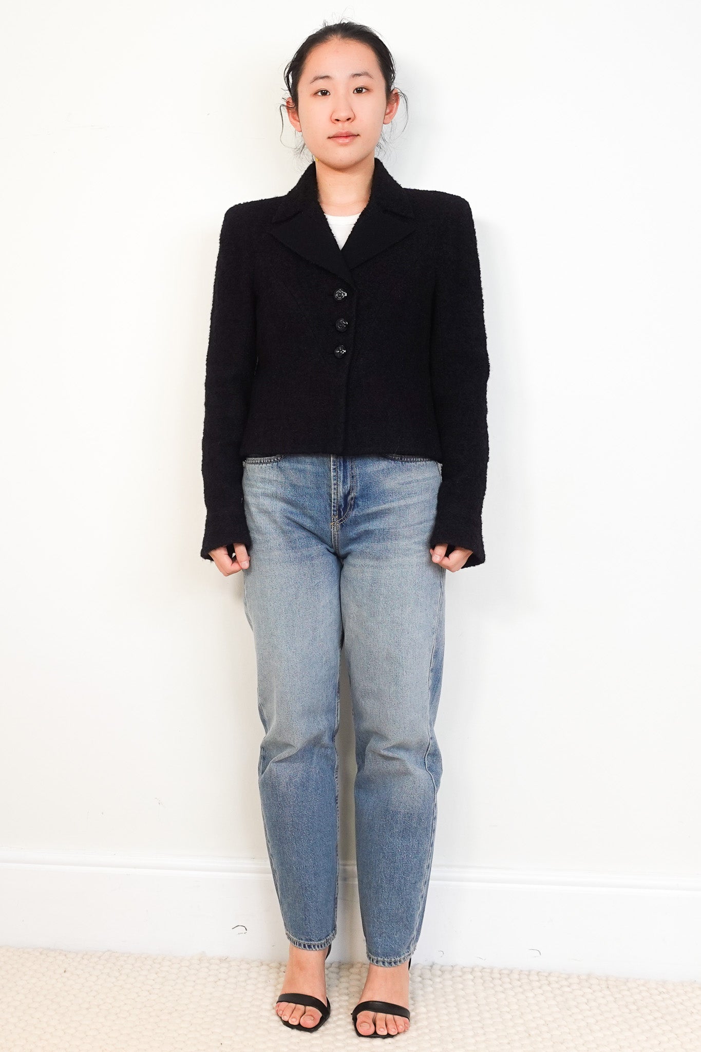Chanel Black Boucle Jacket with Black Floral Buttons RRP £6K | Authentic Preloved - Reloved Again