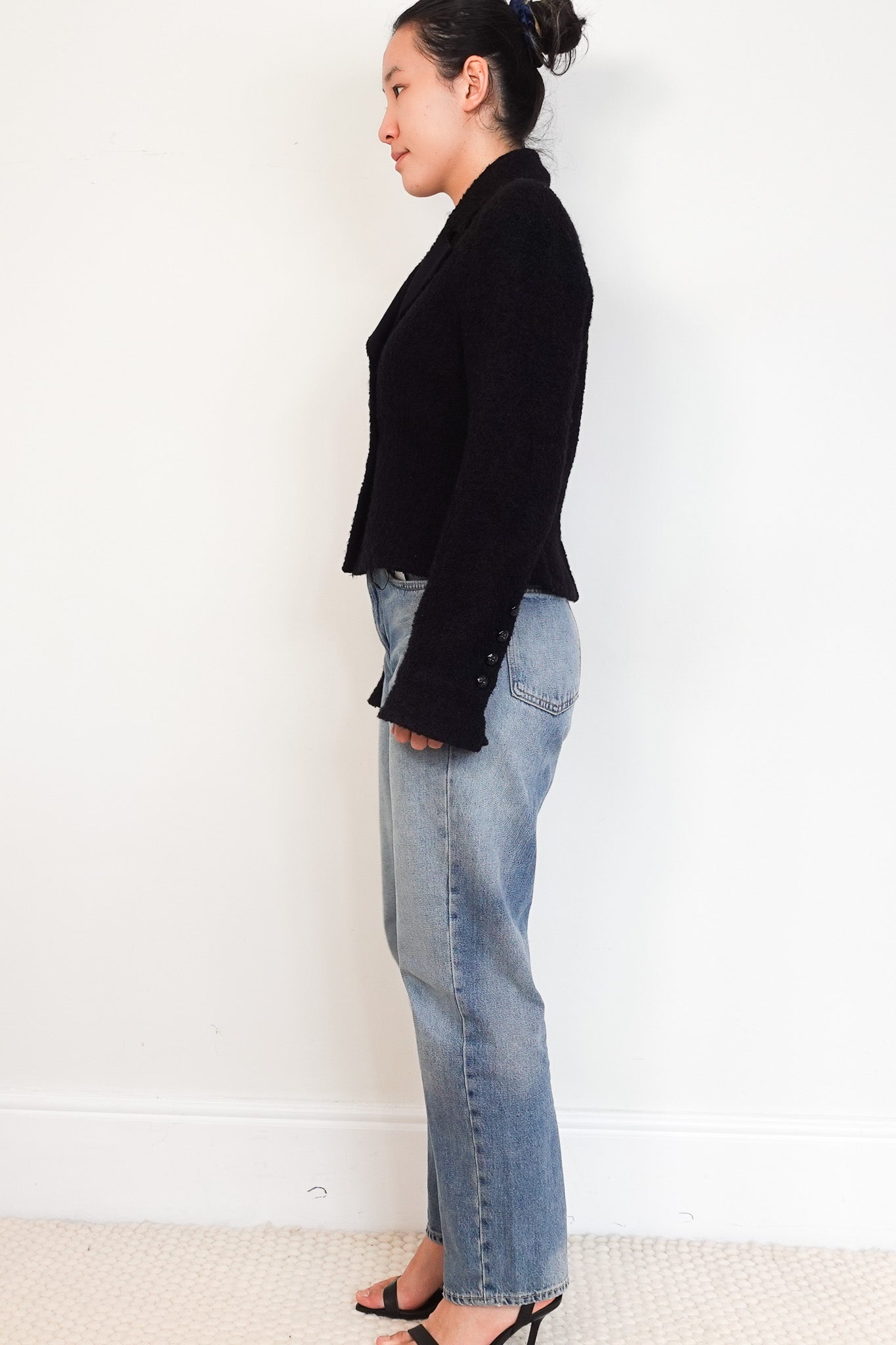 Chanel Black Boucle Jacket with Black Floral Buttons RRP £6K | Authentic Preloved - Reloved Again
