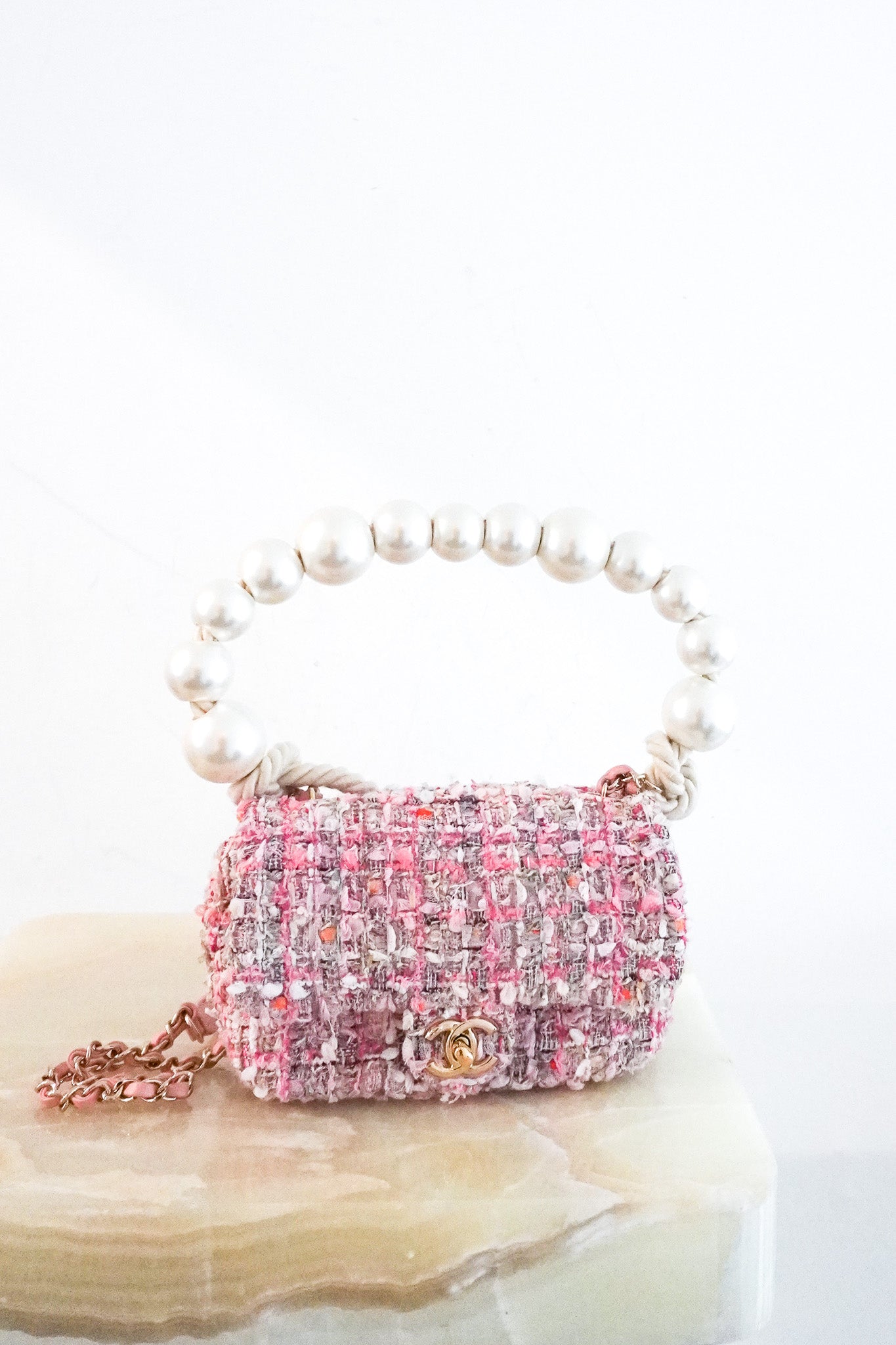 Chanel Pink Tweed Pearl Handle Mini Flap Bag RRP £4420 | Authentic Preloved - Reloved Again