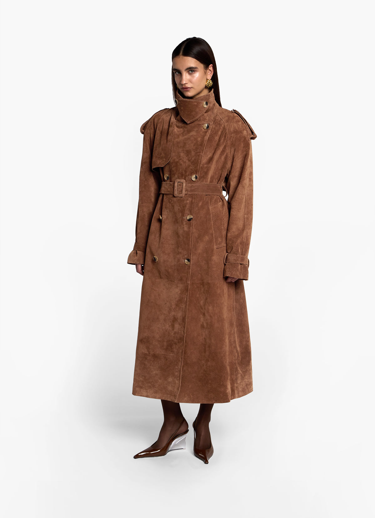 current-season-de-savary-mocha-suede-trench-coat-stock-picture