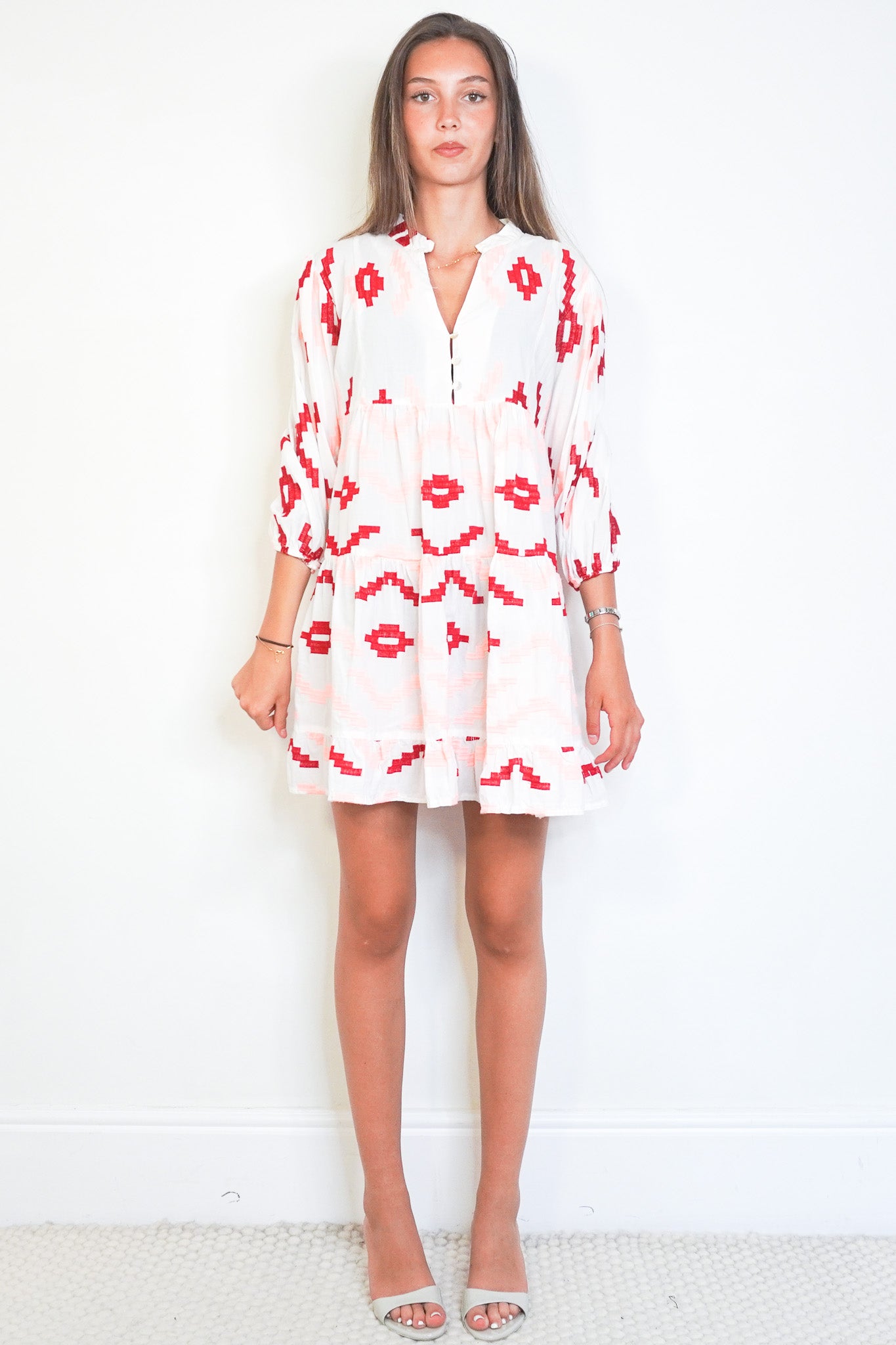 front image Greek Archaic Kori White & Red Embroidered Dress Chelsea London