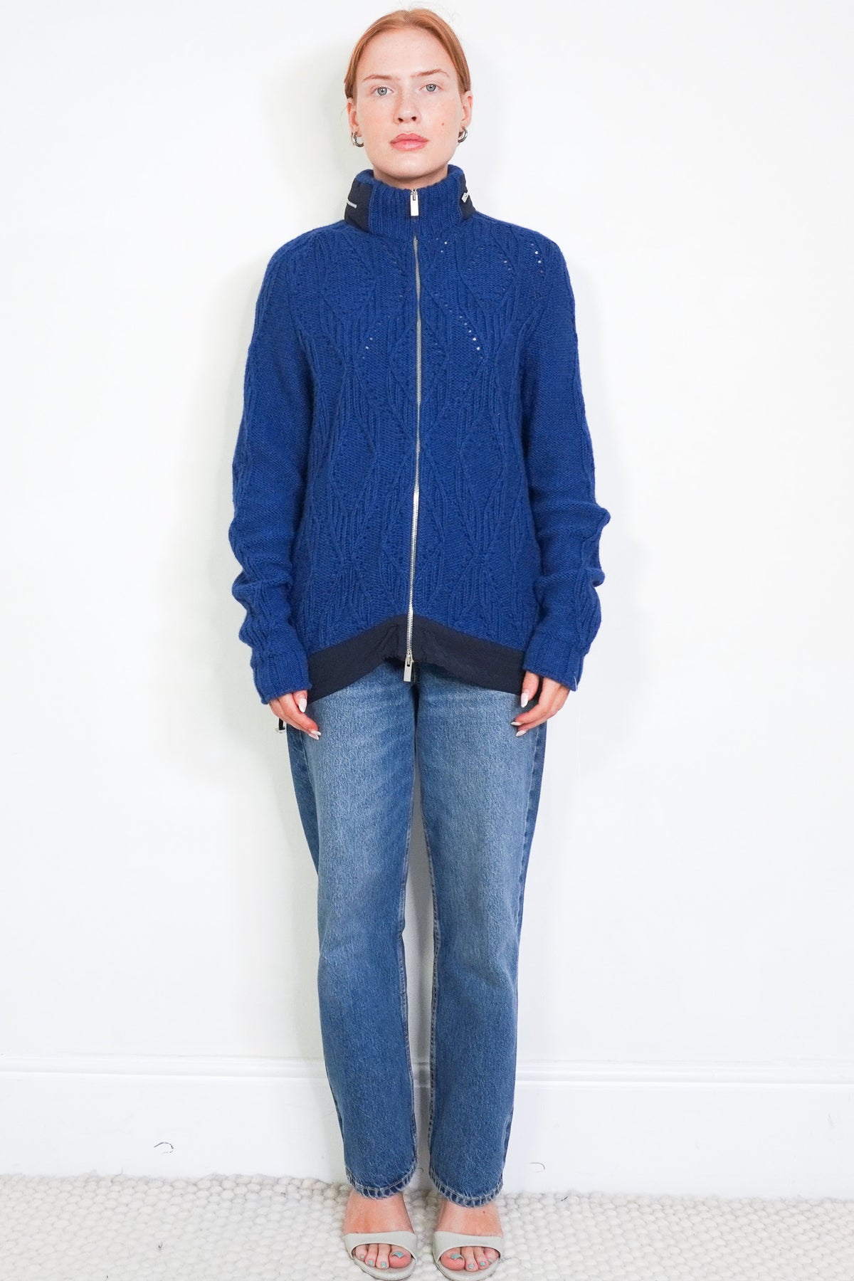 front image Hermes Cable Knit Zip Up Jumper in Blue chelsea london