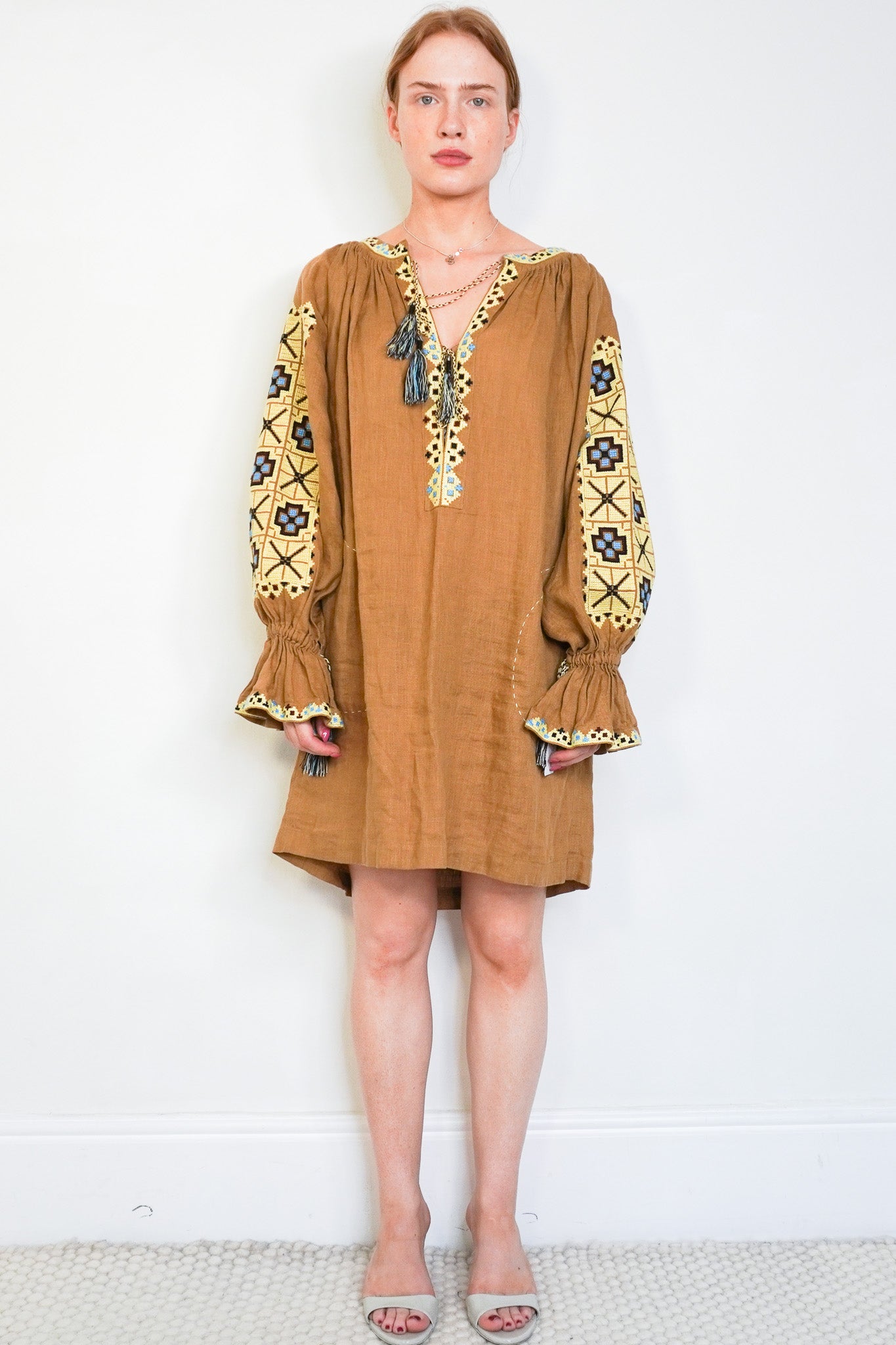 Vita Kin Camel Linen Embroidered Mini Dress (RRP £1,300) | Authentic Preloved - Reloved Again
