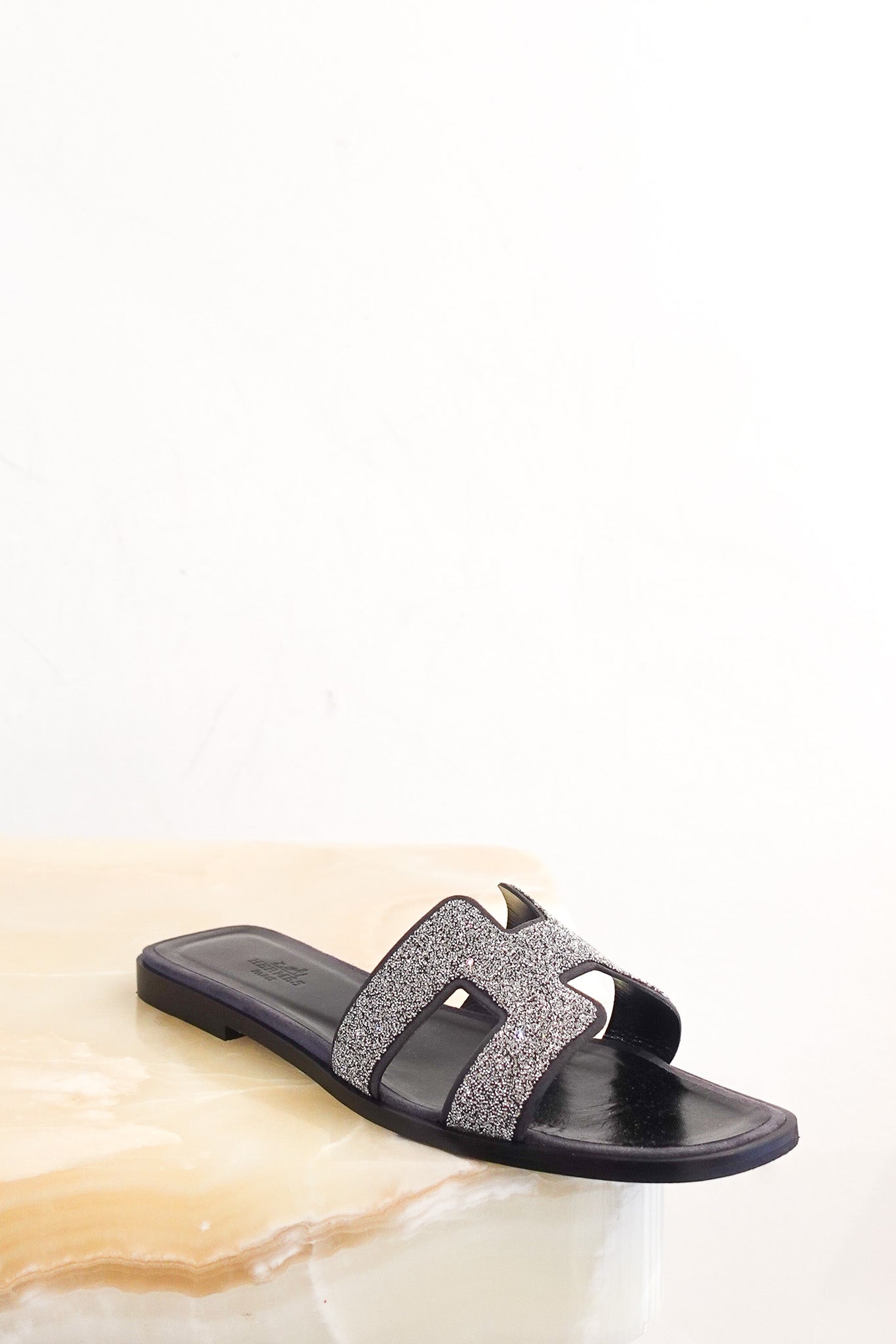Hermes Oran Sandals in Black with Glitter Detailing RRP £610 | Authentic Preloved - Reloved Again