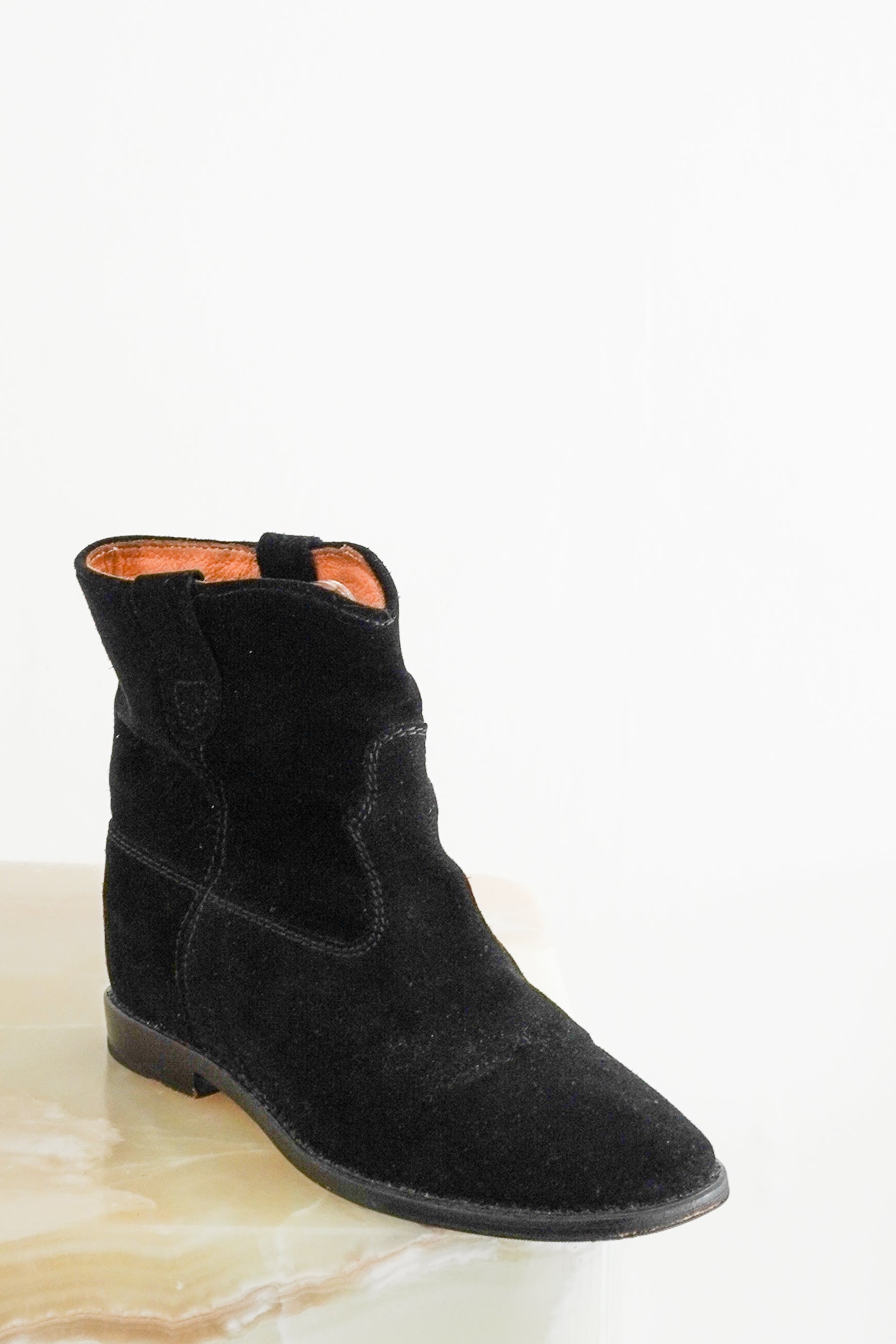 Front image of the Isabel Marant Etoile ankle boots showing the suede exterior and stitching.