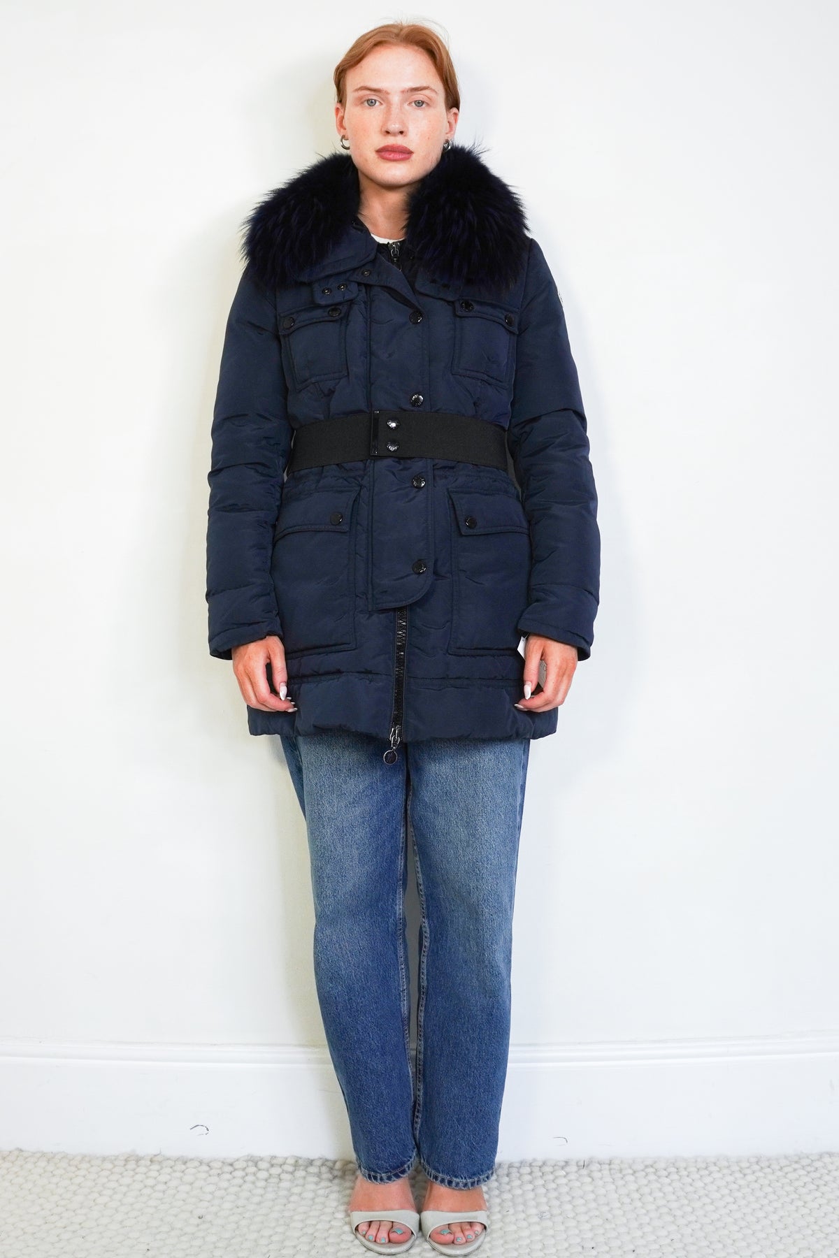 Moncler Loup Fur Collar Belted Down Jacket RRP £1200  | Authentic Preloved