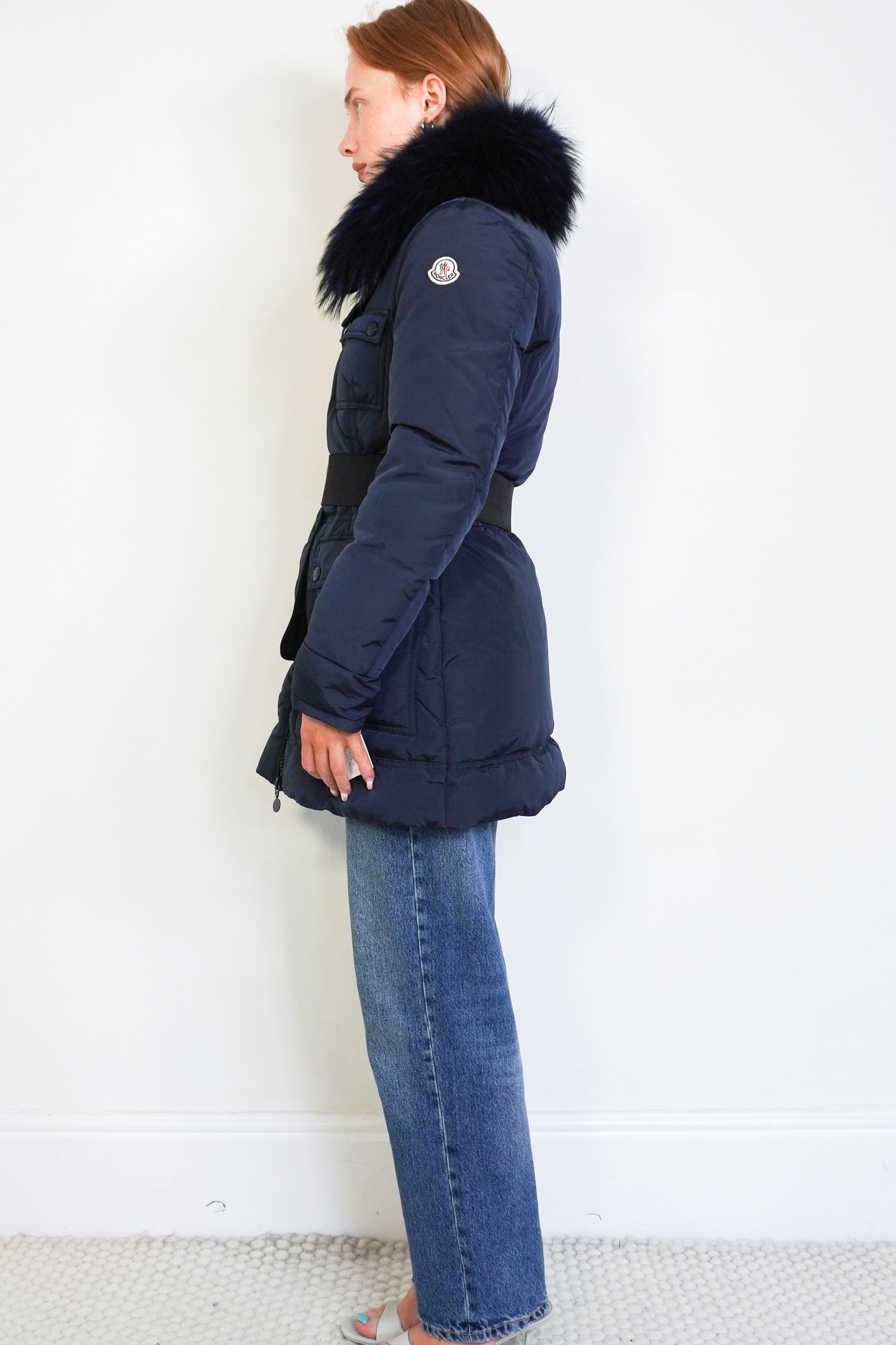 Moncler Loup Fur Collar Belted Down Jacket RRP £1200  | Authentic Preloved