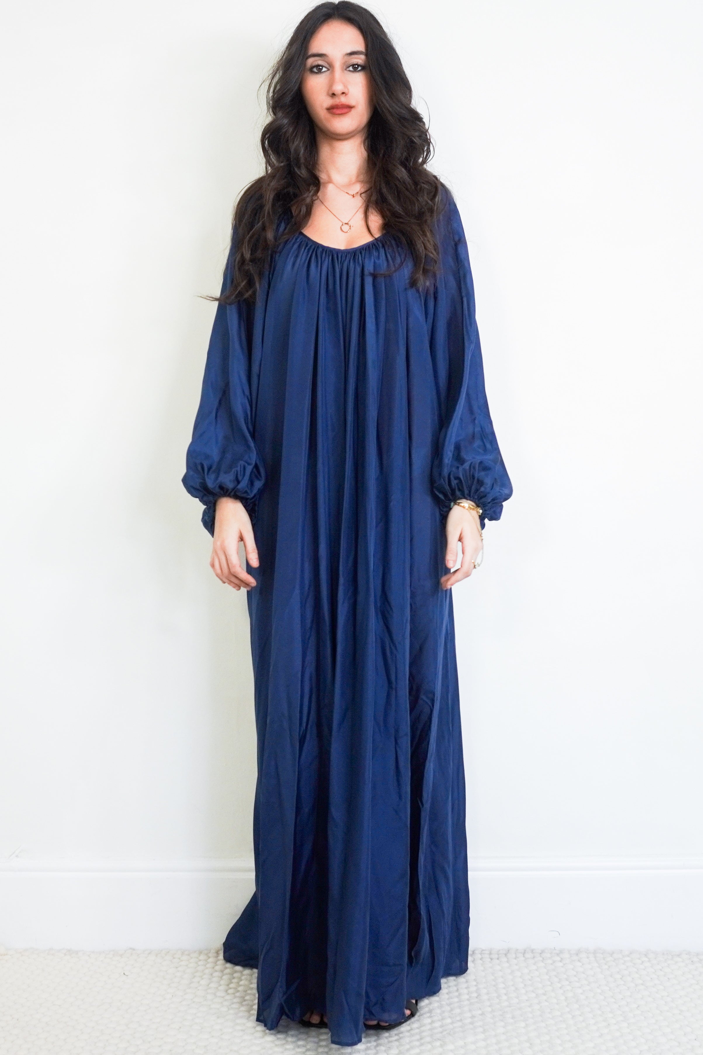 new-kalita-navy-silk-maxi-dress-authentic-preloved-front-picture-CHELSEA-LONDON