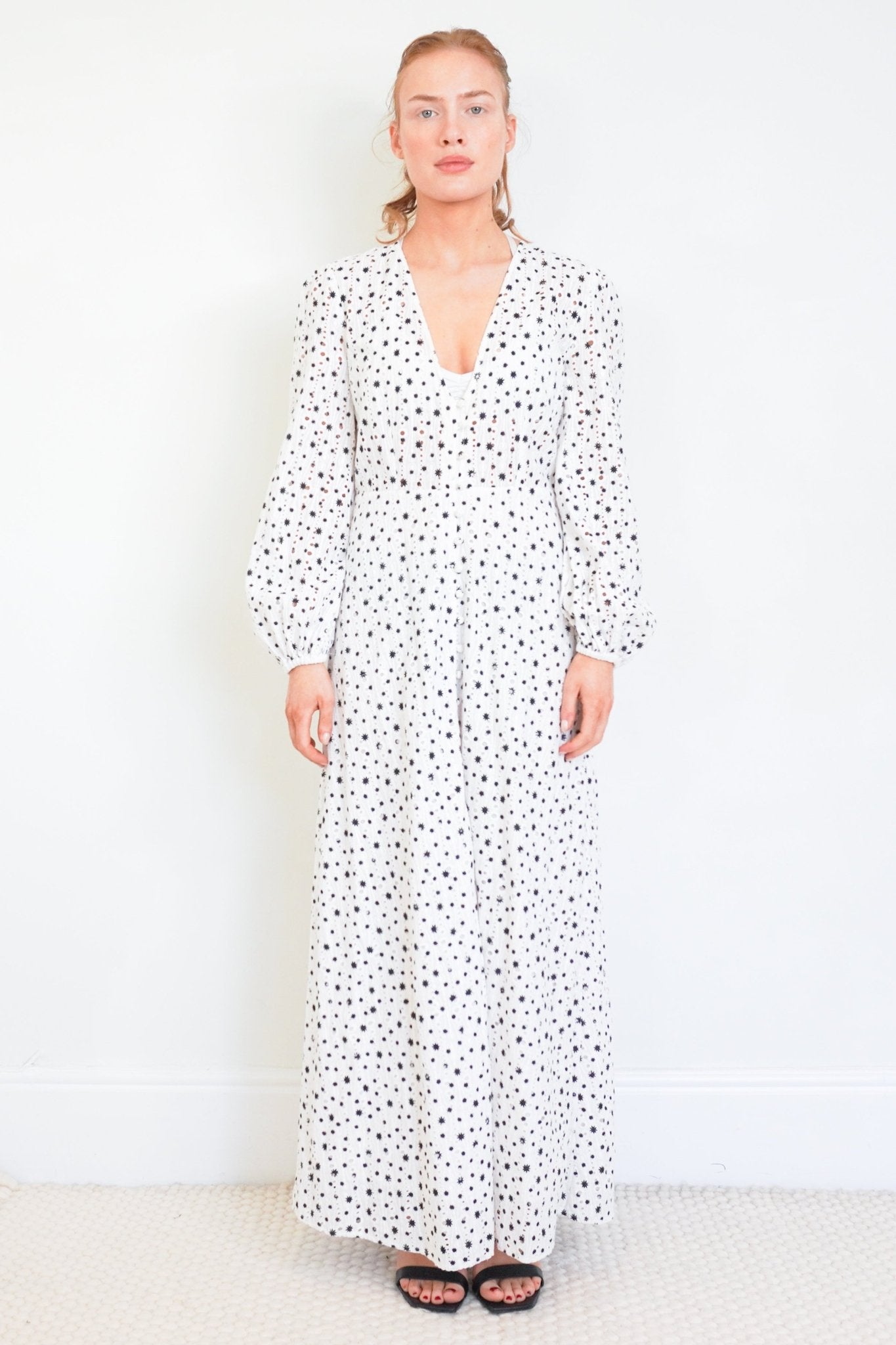 Rixo White and Black Eyelet Maxi Dress RRP £250 | Authentic & Preloved - Reloved Again