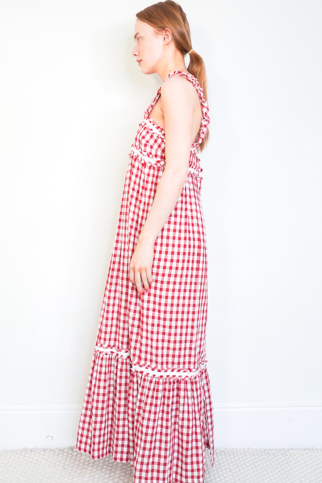 side_images_of_the_Lee_Mathews_Red_Gingham_Cotton_Maxi_Dress