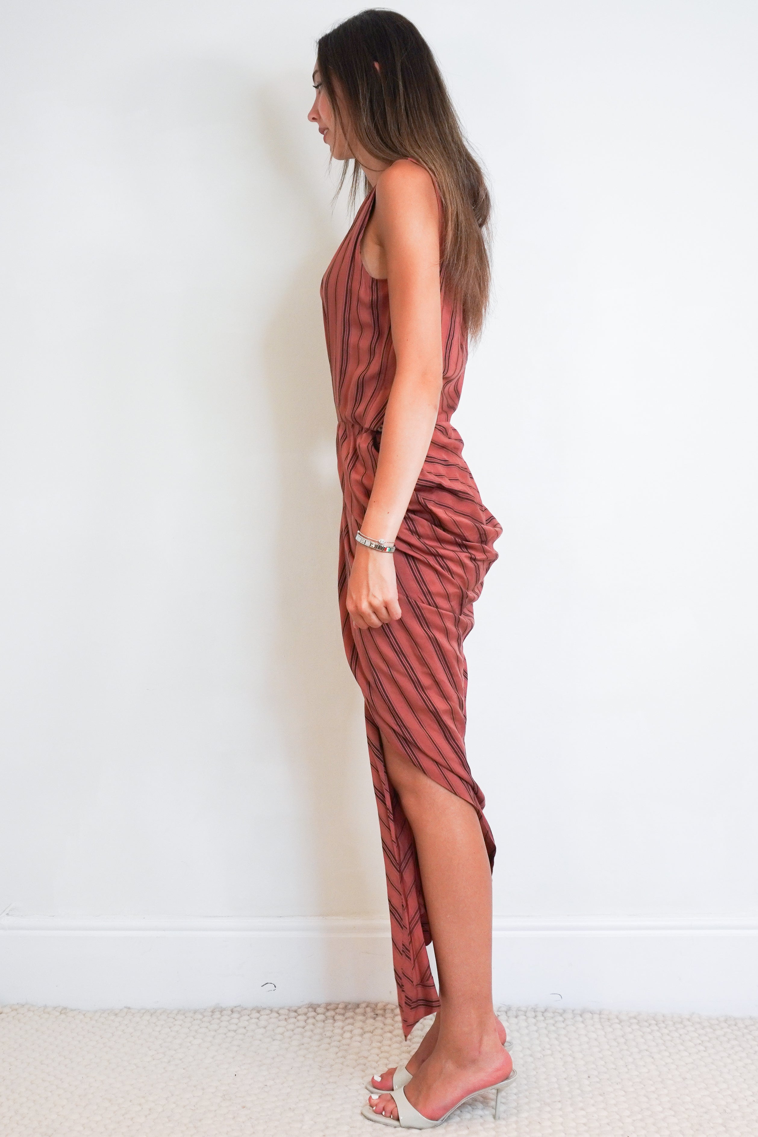 Side picture of the Vivienne Westwood dress showing the draped skirt