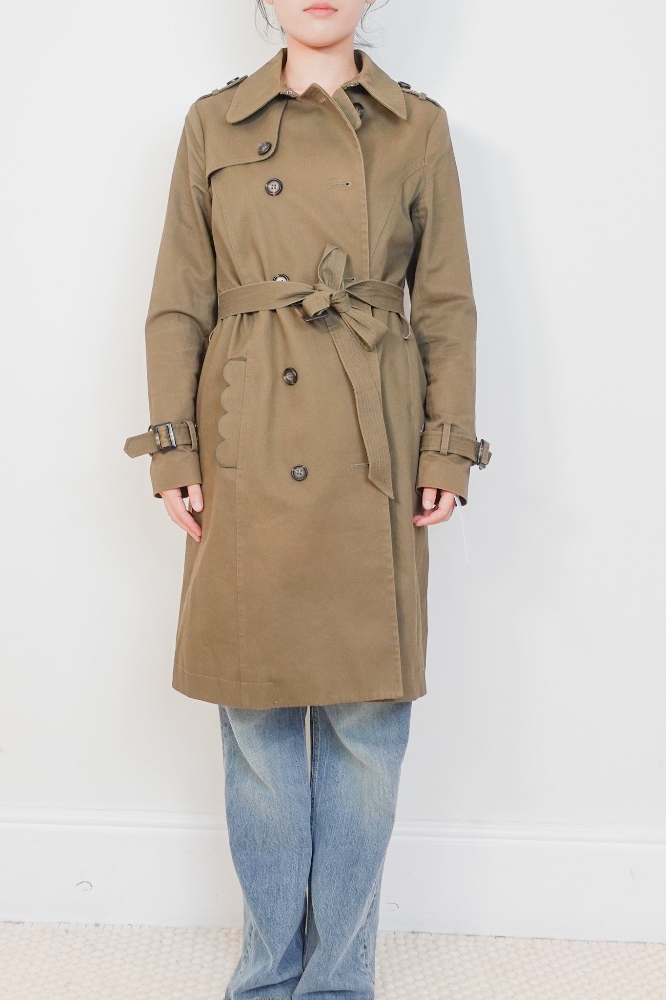 Wyse Army Green Scalloped Double Breasted Trench Coat RRP £350 | Authentic Preloved - Reloved Again